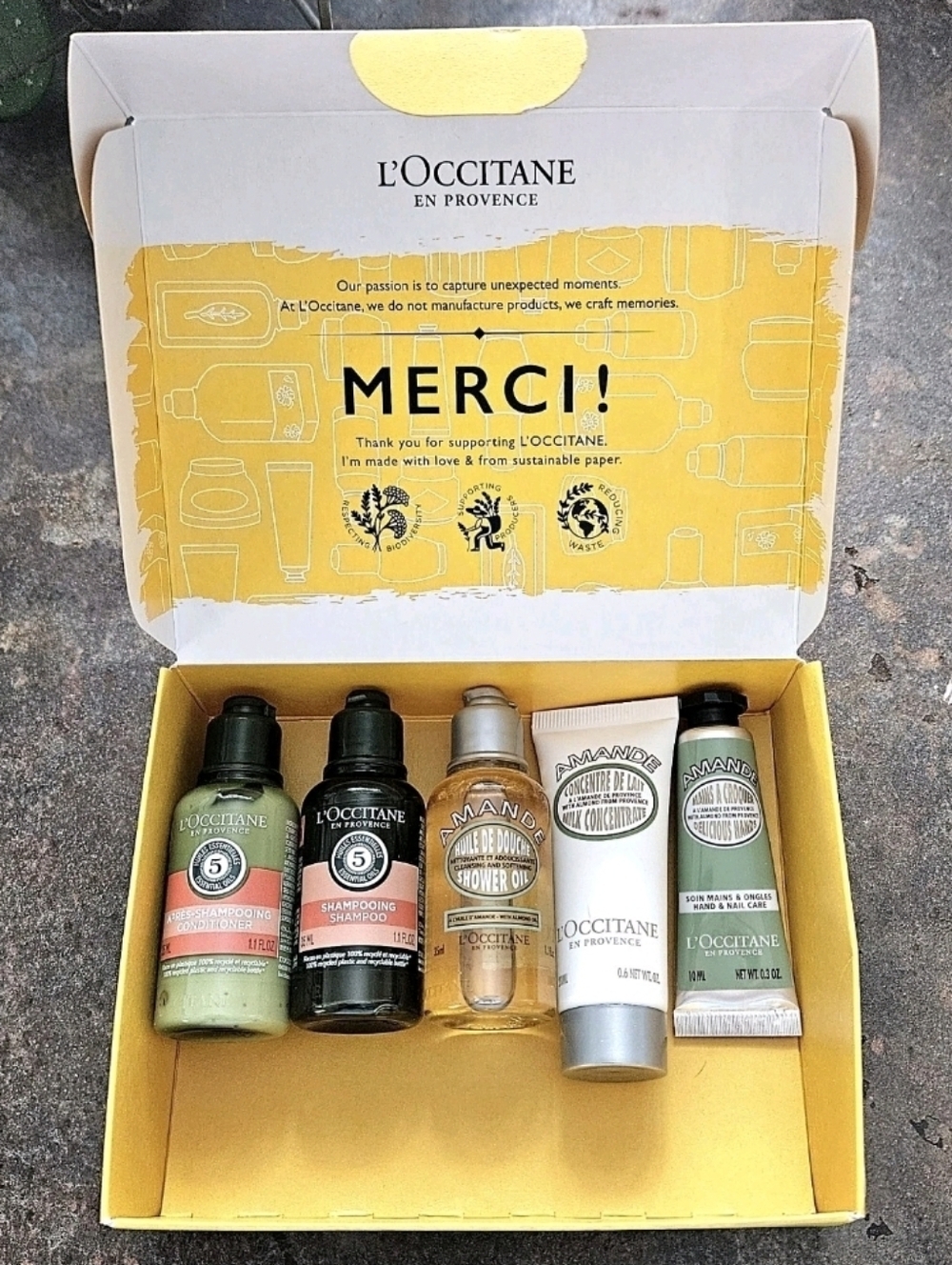 L'Occitane En Provence Merci 5 Piece Set Almond Oil, Hand Cream, Body Cream..NIB